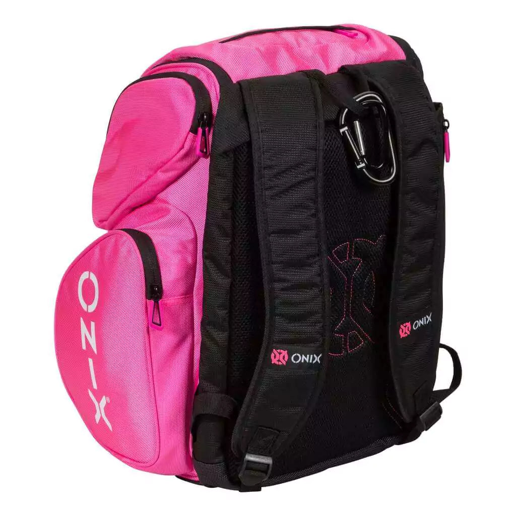 SPORT: PICKLEBALL. Shop Onix at "iam-pickleball.com" warehouse. Back of the  pink Onix PRO TEAM Backpack.