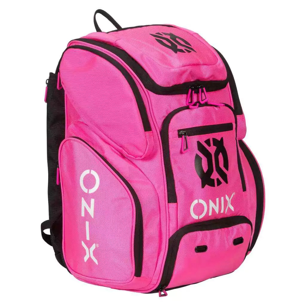 SPORT: PICKLEBALL. Shop Onix bags at "iamracketsports.com". A front and side profile of the  pink Onix PRO TEAM Backpack.