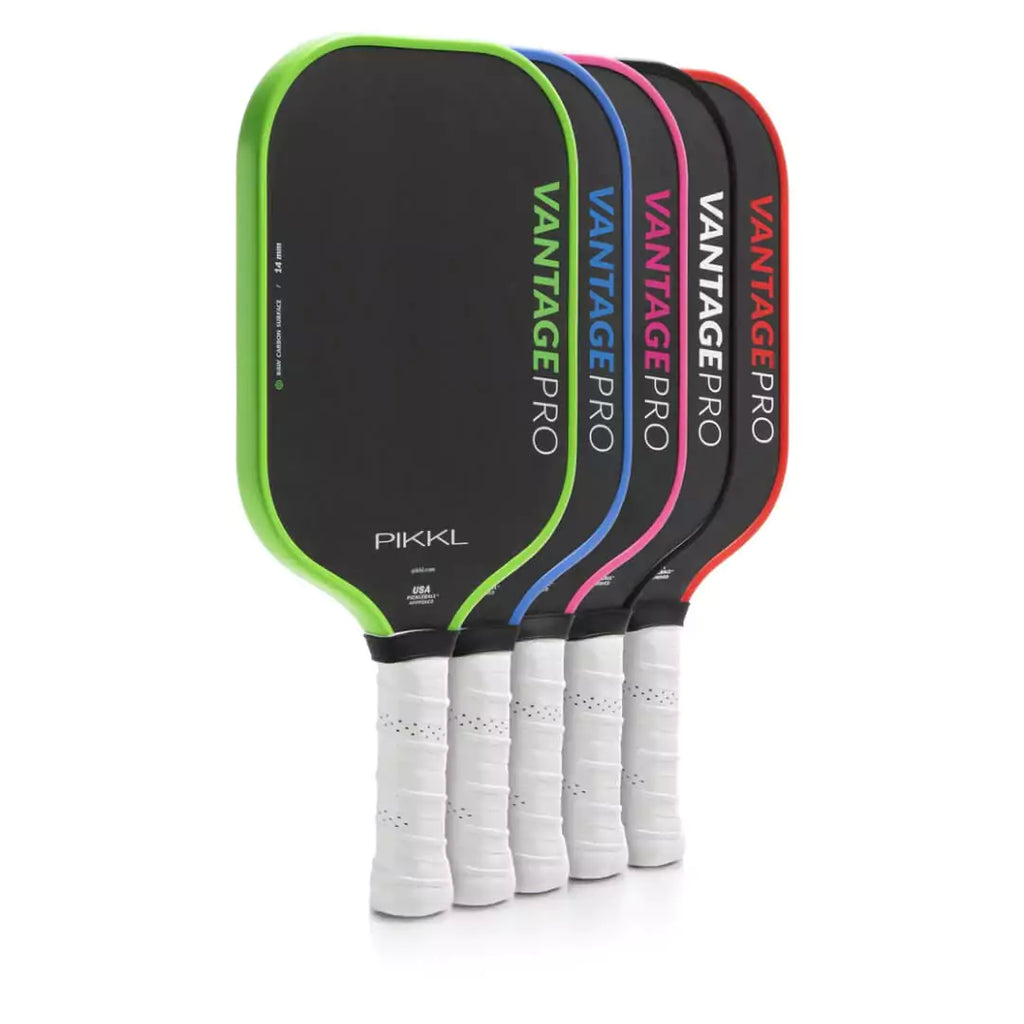 SPORT: PICKLEBALL.  Shop PIKKL at iamPickleball.store maimi Racket and Paddle Sports store. Group of five Pikkl VANTAGE PRO 16mm Pickleball Paddles. Thickness 16mm, Polypropylene Hex-Core, Weight 8.3 oz, Grip Length 5.35", Grip Size: 4.25", Pro-Grip Technology.