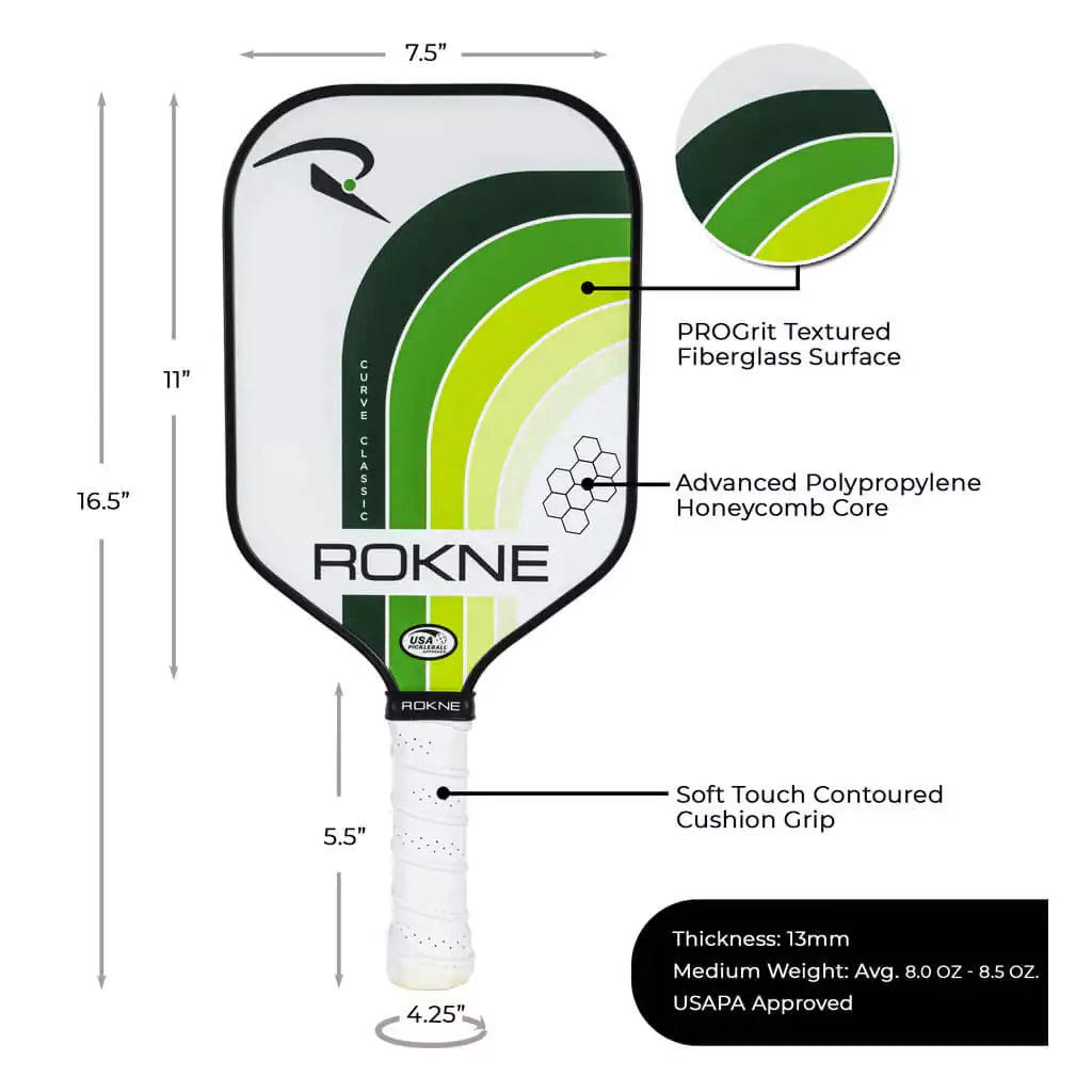 SPORT: PICKLEBALL. Shop Rokne Pickleball at iambeachtennis maimi Racket and Paddle Sports store. Racket model is a 2023 Rokne Curve Classic LIMEADE Pickleball Paddle/racket for beginner and intermediate players. Vertical view of Racquet/Paleta with paddle specifications.