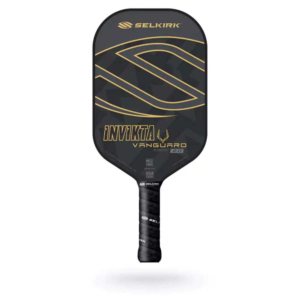 SPORT: PICKLEBALL. Shop Selkirk Sports Pickleball at iamRacketSports, Miami, Florida, USA. Racket model is a 2023 Selkirk VANGUARD 2.0 INVIKTA Paddle/racket in Regal for beginner to advanced/professional. Racquet/Paleta is in side vertical orientation. Front of Paddle.