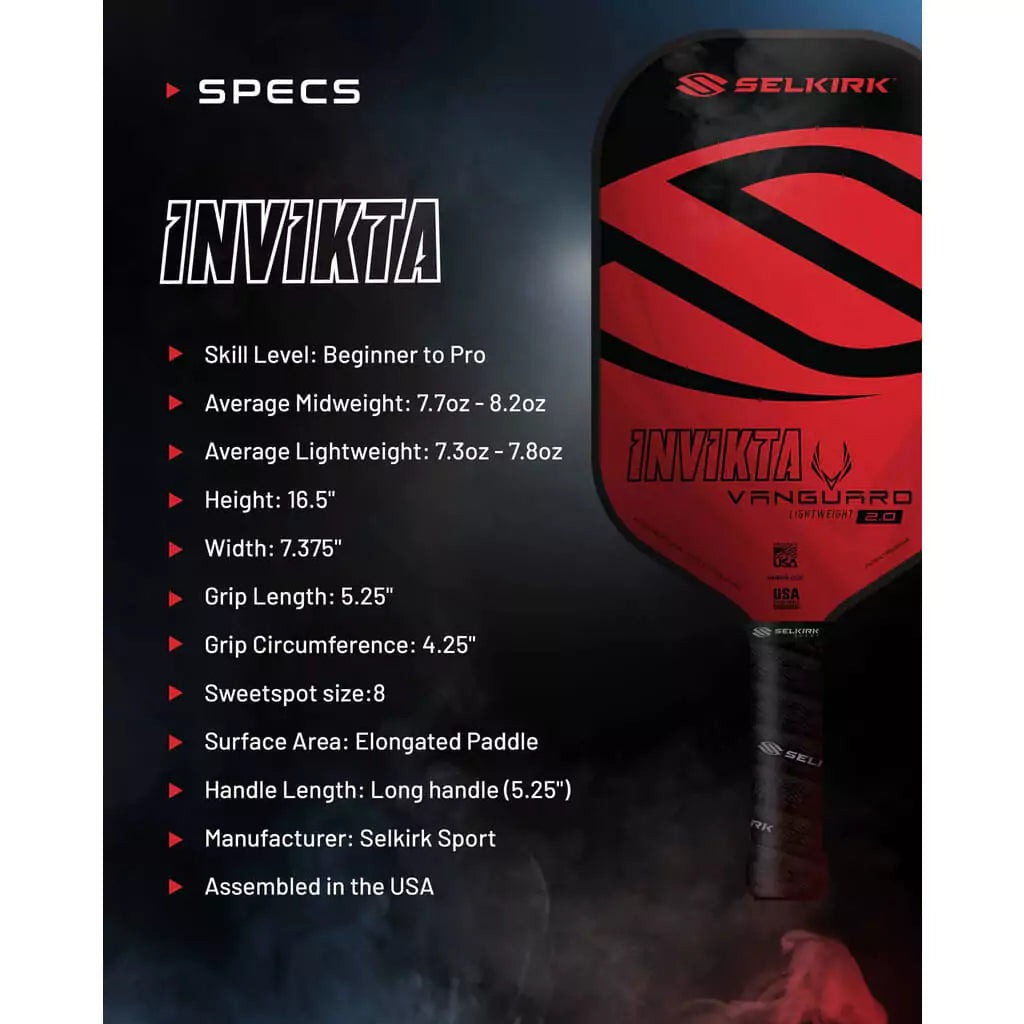 SPORT: PICKLEBALL. Shop Selkirk Sports Pickleball at iambeachtennis maimi Racket and Paddle Sports store. Racket model is a 2023 Selkirk VANGUARD 2.0 INVIKTA Pickleball Paddle/racket for beginner to advanced/professional. Infographic view of Racquet/Paleta with paddle specifications.