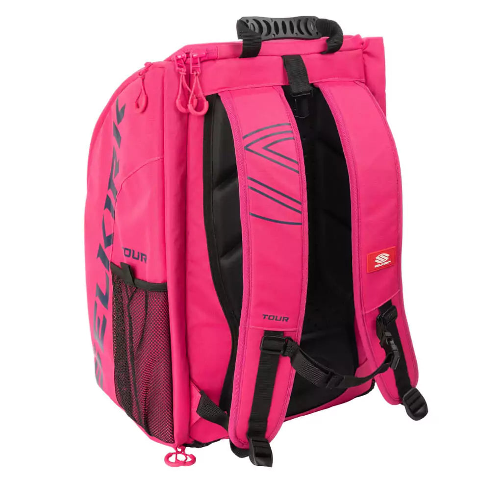 SPORT: PICKLEBALL. Shop Selkirk at "iamPickleball.store" boutique Depot Store. Back view of the pink Selkirk Pickleball Core Line Tour Backpack.