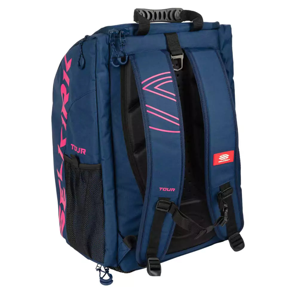 SPORT: PICKLEBALL. Shop Selkirk at "iamPickleball.store" boutique Depot Store. Back view of the Prestige Navy Selkirk Pickleball Core Line Tour Backpack.