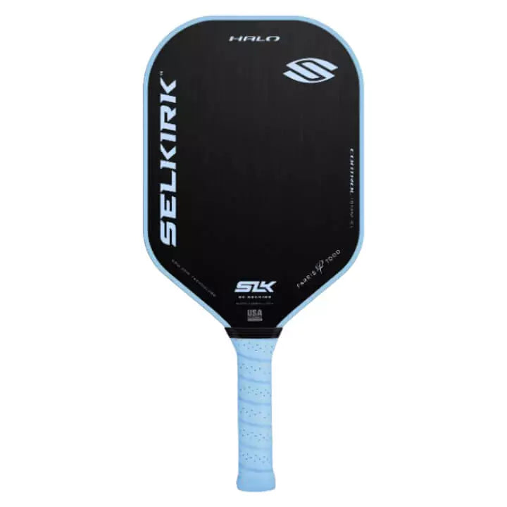 SPORT: PICKLEBALL. A turquoise  2023 Selkirk SLK HALO CONTROL XL Pickleball Paddle. Purchase Selkirk at "iamPickleball.store", Miami.