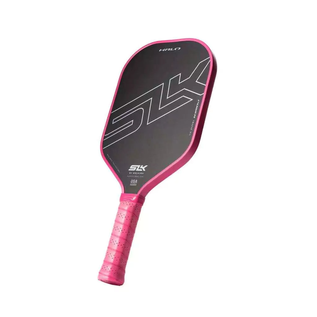 SPORT: PICKLEBALL. A pink  2023 Selkirk SLK HALO CONTROL XL Pickleball Paddle. Purchase Selkirk at "iamPickleball.store".