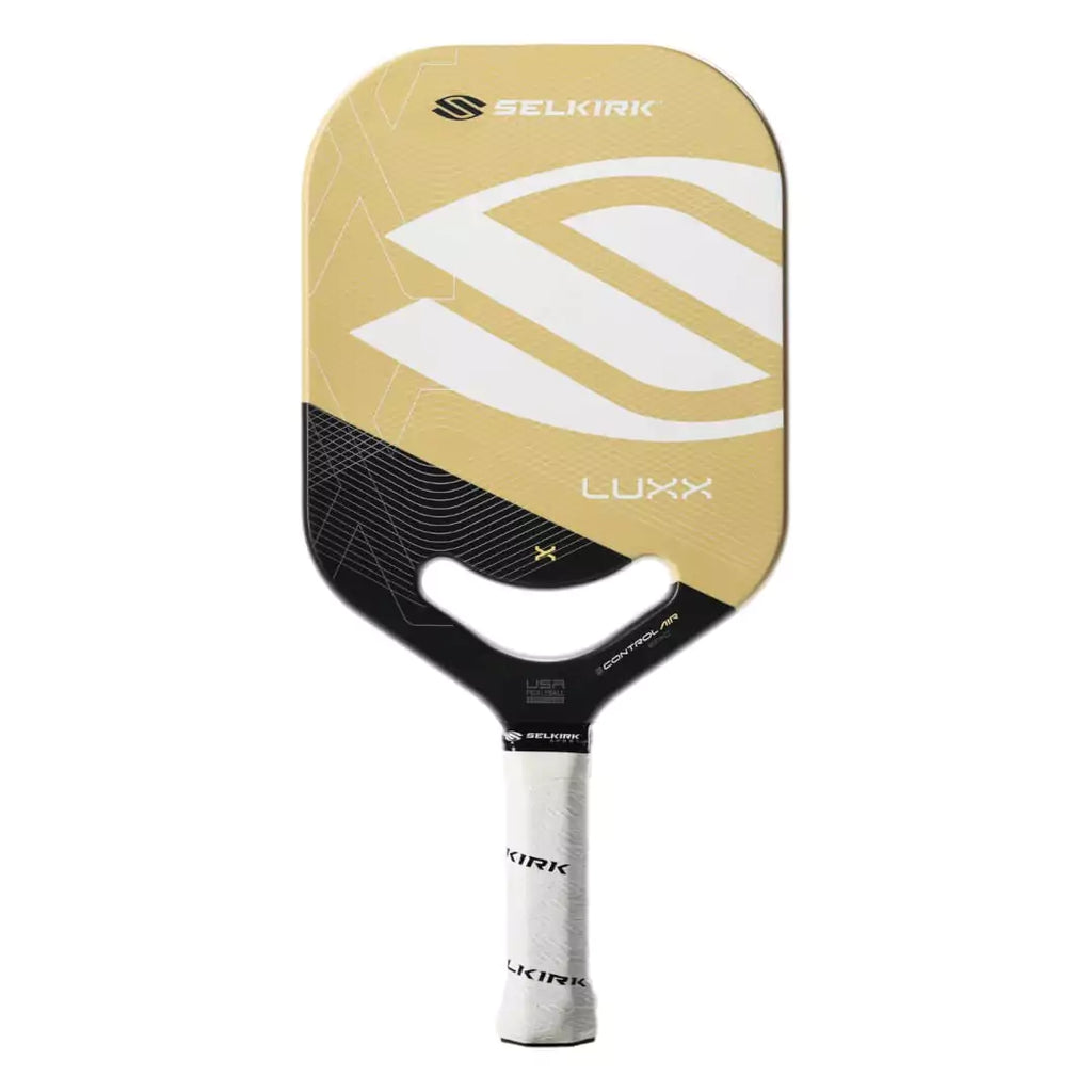 SPORT:PICKLEBALL. Shop Selkirk at "iamPickleball.store" a division of "iamracketsports.com".  Gold Selkirk LUXX CONTROL AIR EPIC Pickleball Paddle, vertical face on profile, endorsed by Jack Sock.