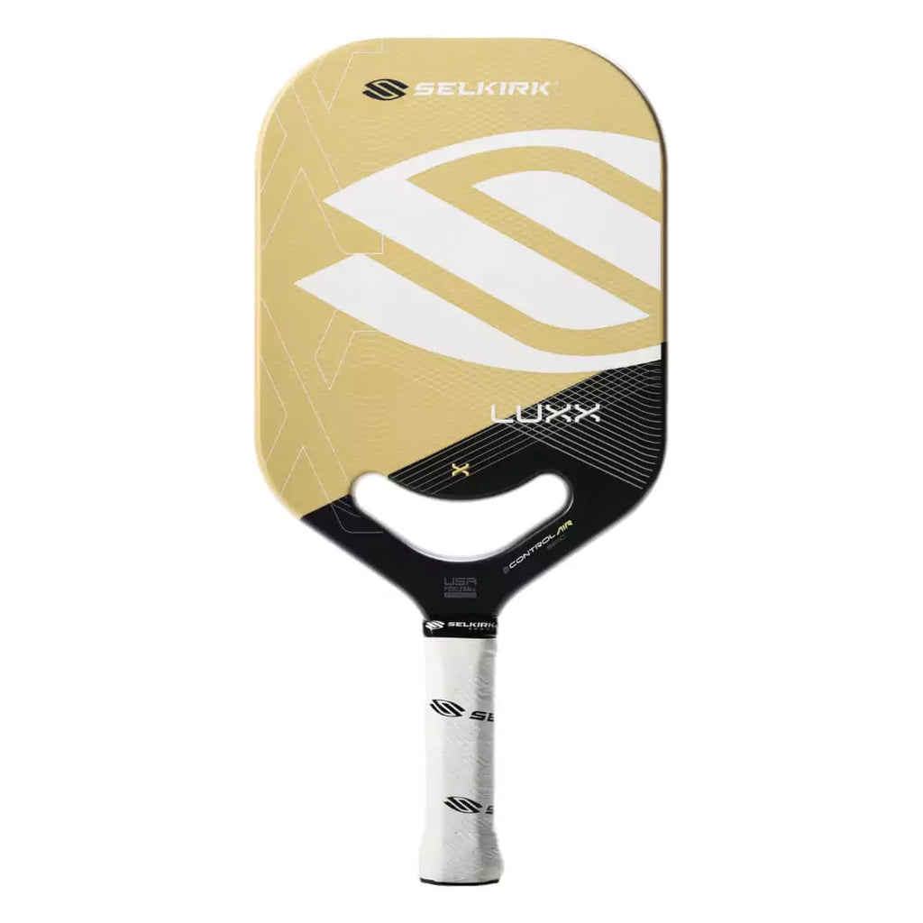 SPORT:PICKLEBALL. Shop Selkirk at "iamPickleball.store" a division of "iamracketsports.com".  Gold Selkirk LUXX CONTROL AIR EPIC Pickleball Paddle, vertical face on profile, endorsed by Jack Sock.