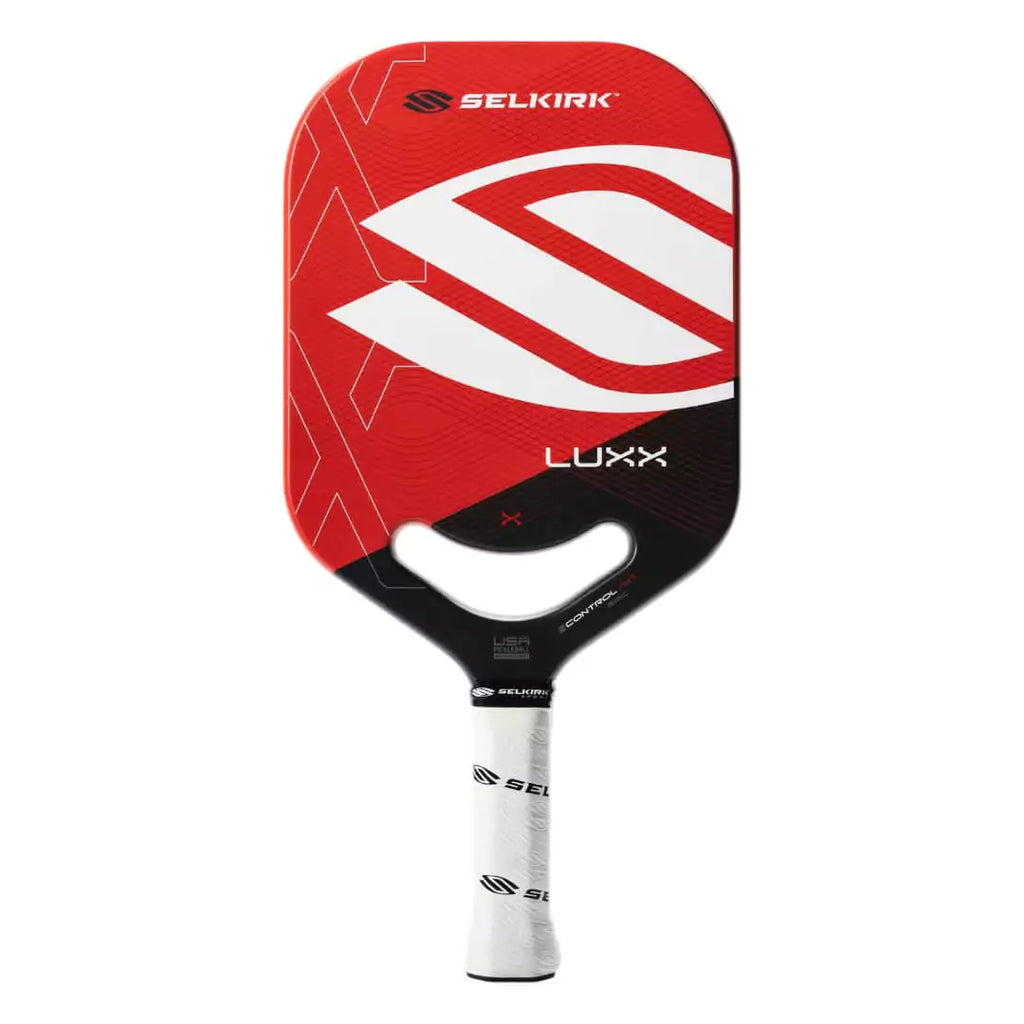 SPORT:PICKLEBALL. Shop Selkirk at "iamPickleball.store" a division of "iamracketsports.com".  Red Selkirk LUXX CONTROL AIR EPIC Pickleball Paddle, vertical face on profile, endorsed by Jack Sock.