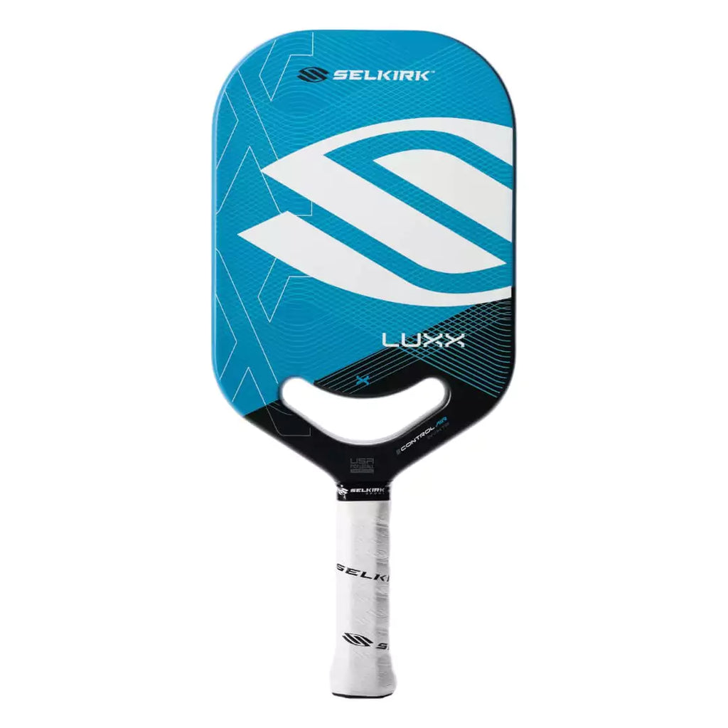 SPORT:PICKLEBALL. Shop Selkirk at "iamPickleball.store" a division of "iamracketsports.com".  Blue Selkirk LUXX CONTROL AIR INVIKTA Pickleball Paddle, vertical face on profile, endorsed by Jack Sock.