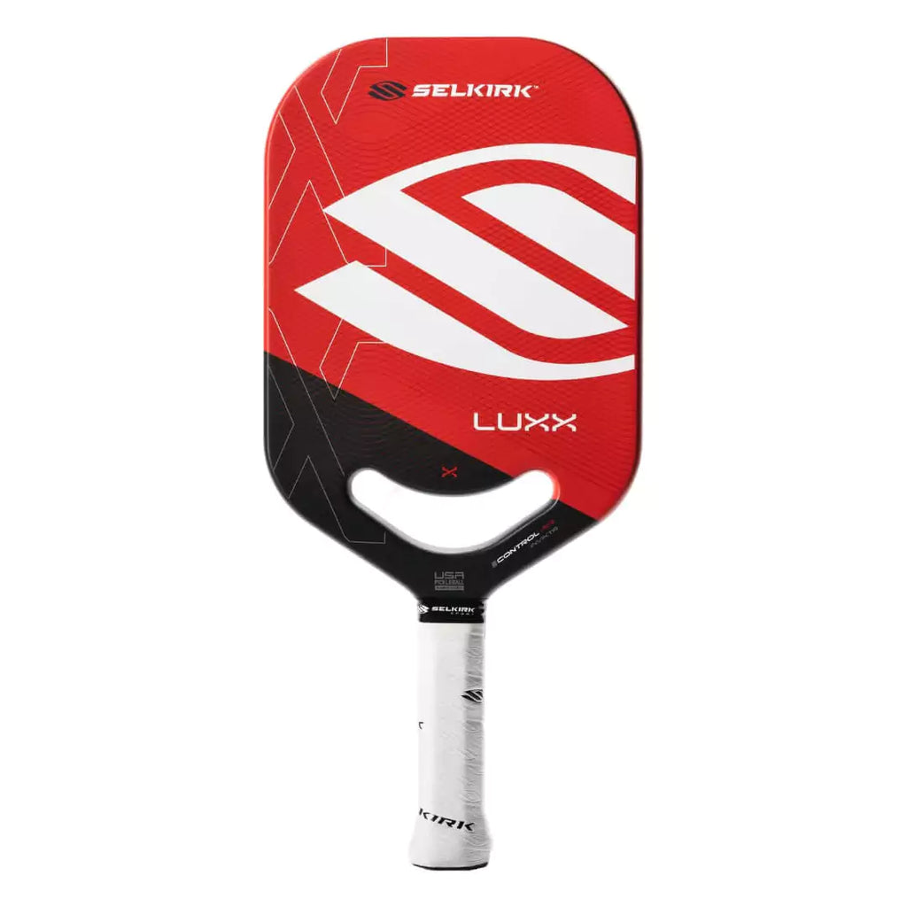 SPORT:PICKLEBALL. Shop Selkirk at "iamPickleball.store" a division of "iamracketsports.com".  Red Selkirk LUXX CONTROL AIR INVIKTA Pickleball Paddle, vertical face on profile, endorsed by Jack Sock.