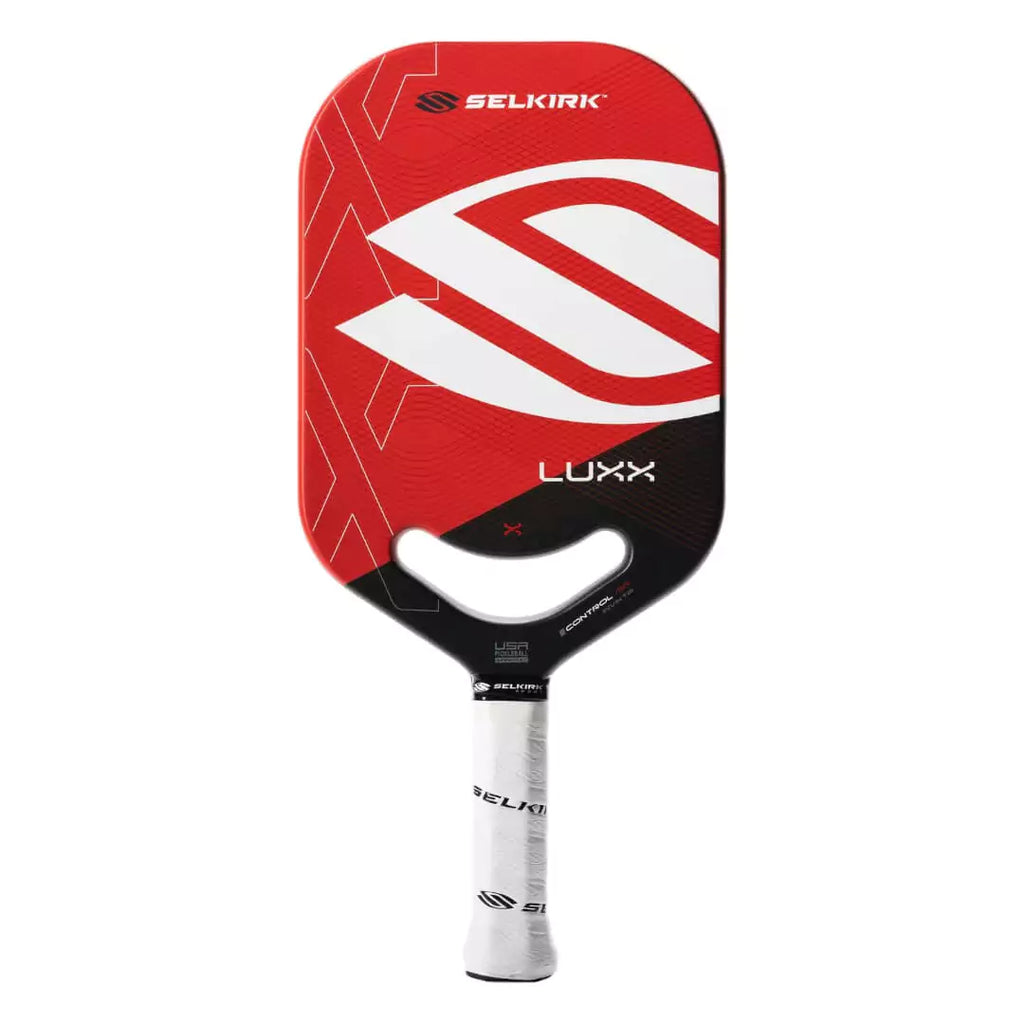 SPORT:PICKLEBALL. Shop Selkirk at "iamPickleball.store" a division of "iamracketsports.com".  Red Selkirk LUXX CONTROL AIR INVIKTA Pickleball Paddle, vertical face on profile, endorsed by Jack Sock.