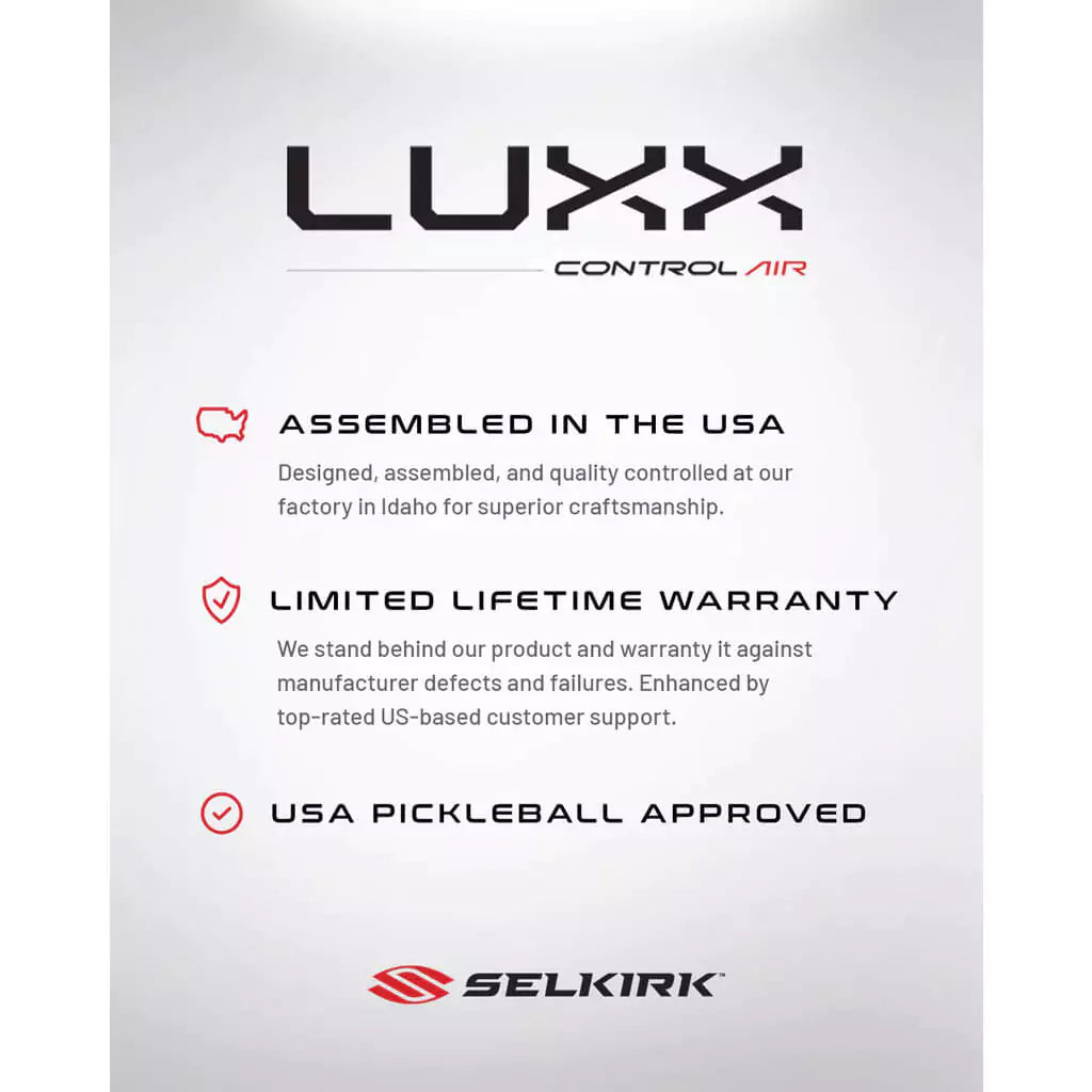 SPORT:PICKLEBALL. Shop Selkirk at "iamPickleball.store". Infographic of specfications of Selkirk LUXX CONTROL AIR EPIC Pickleball Paddle,  endorsed by Jack Sock.