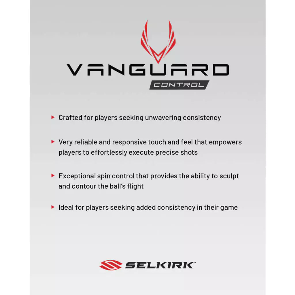 Infographic of features of  Selkirk VANGUARD CONTROL S2 Pickleball Paddle. Purchase Selkirk at "iamPickleball.store".