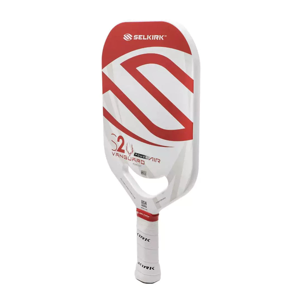 A red Selkirk VANGUARD POWER AIR S2 Pickleball Paddle, available from iamracketsports.com.