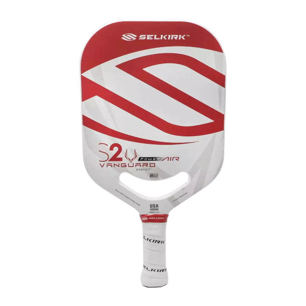 A red Selkirk VANGUARD POWER AIR S2 Pickleball Paddle, available from iamracketsports.com.