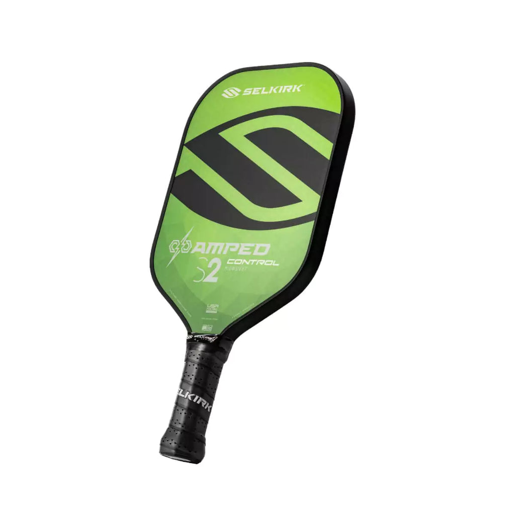 A green 
Selkirk AMPED Control S2 16mm Pickleball Paddle,
FiberFlex + Fiberglass surface with 
a durable spin coating and X5 Honeycomb core.
Available from iamPickleball.store.