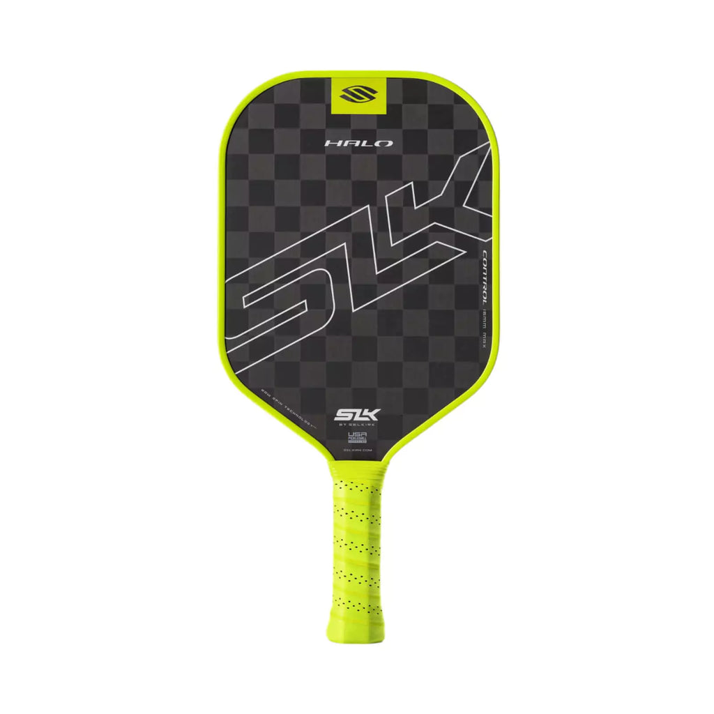 A green Selkirk SLK HALO CONTROL Max Pickleball Paddle. Shop Selkirk Sports at "iamracketsports.com" Miami's pickleball store.
