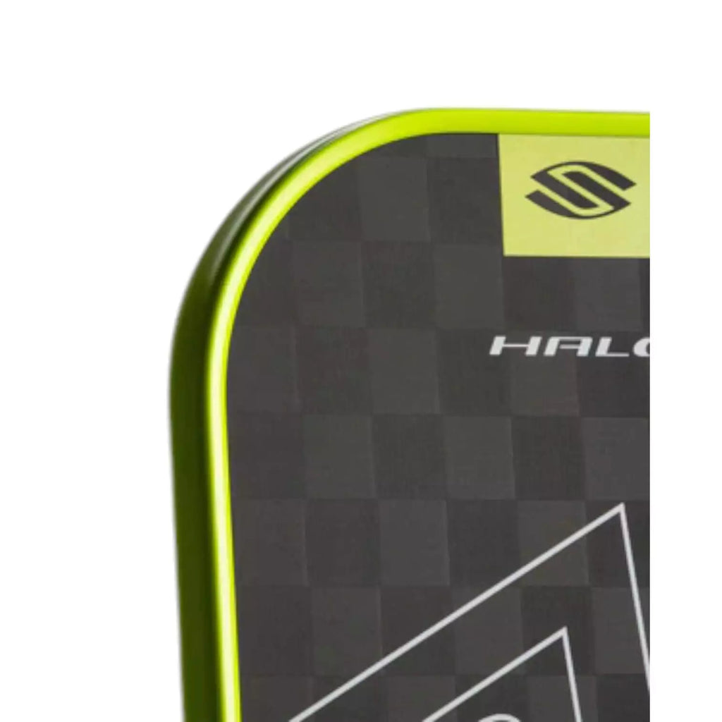 Top left corner face of a Selkirk SLK HALO CONTROL XL Pickleball Paddle,
shop for at "iamracketsports.com".