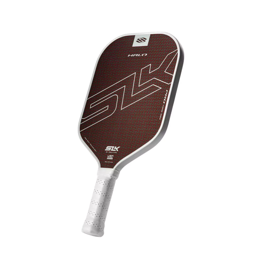 A red Selkirk SLK HALO PRO Max Pickleball Paddle. Shop Selkirk Sports at "iamracketsports.com" Miami's pickleball store.
