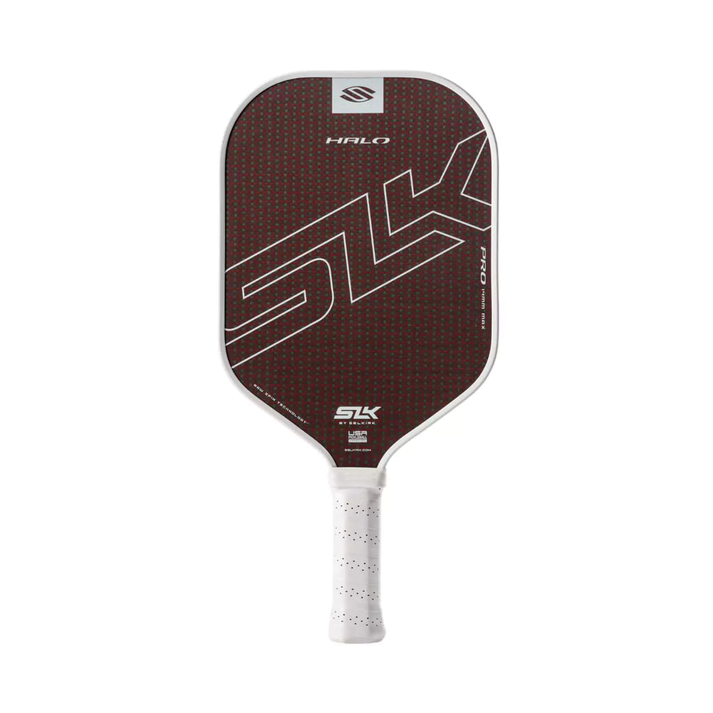 A red Selkirk SLK HALO PRO Max Pickleball Paddle. Shop Selkirk Sports at "iamracketsports.com" Miami's pickleball store.
