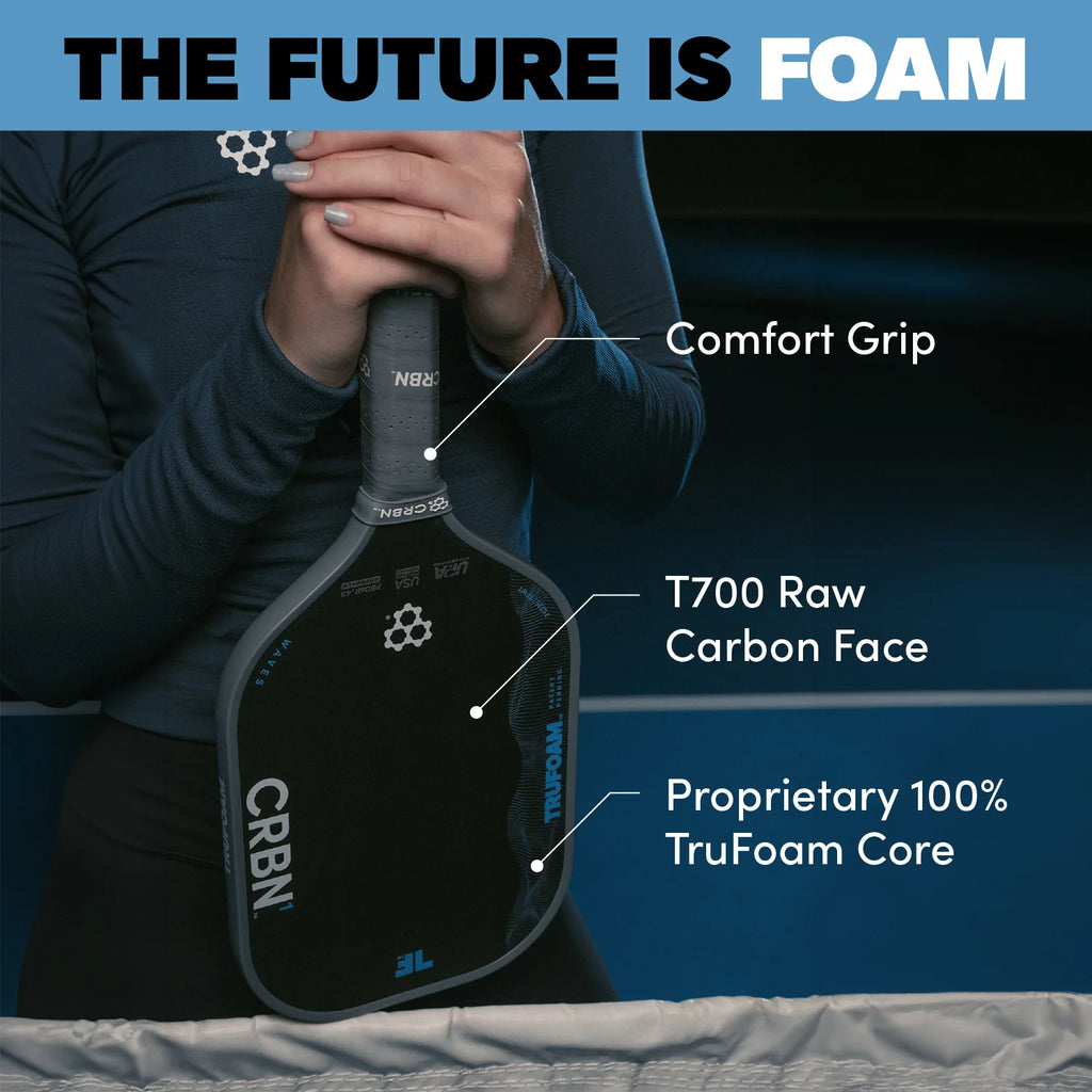 Technologies of the CRBN¹ TruFoam WAVES ELONGATED LONG HANDLE Pickleball Paddle, available from IamRacketsports.com, online and in-store, Miami USA.