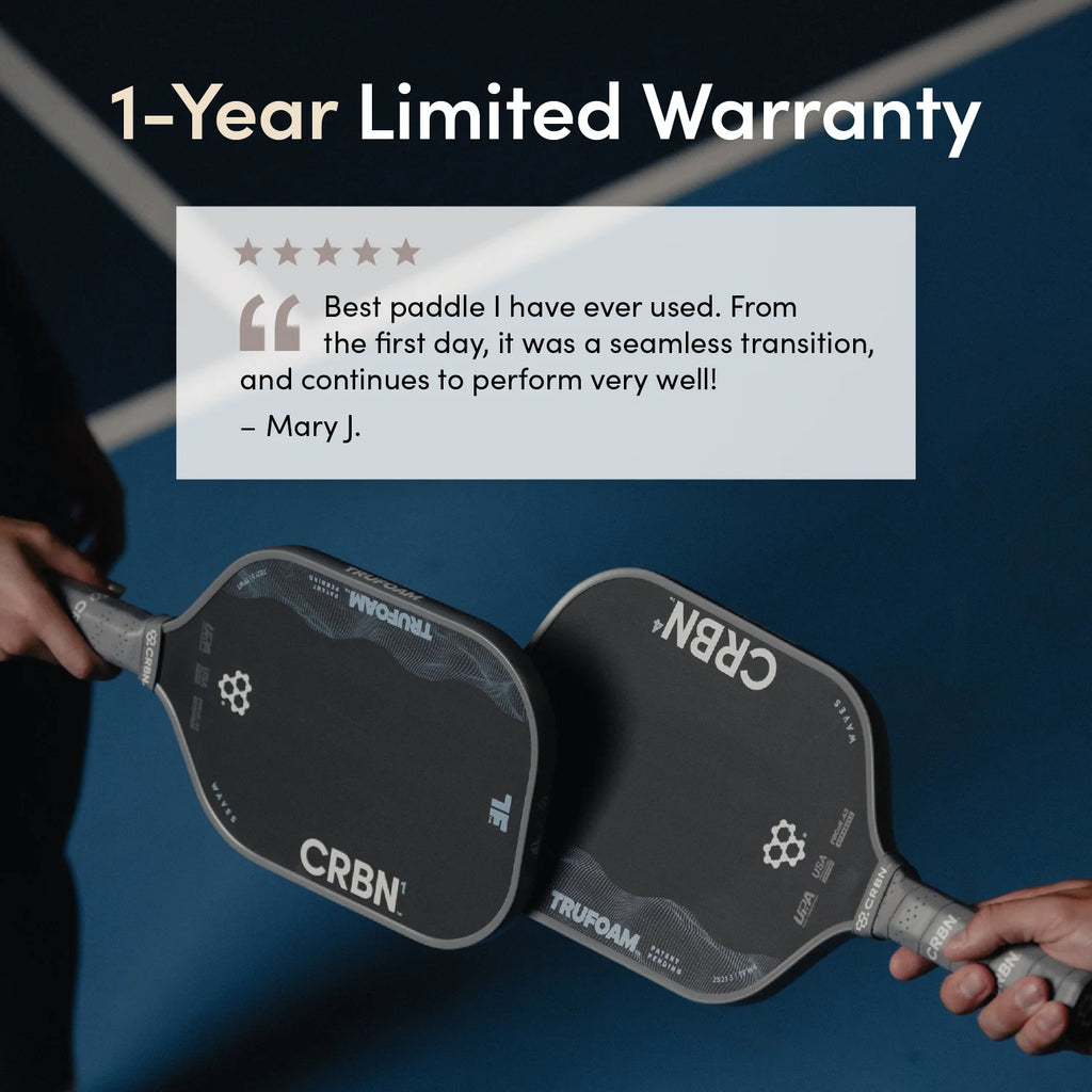 Info-graphic for the warranty of the Technologies of the CRBN⁴ TruForm  WAVES HYBRID AEROCURVE Pickleball Paddle, available from IamRacketsports.com, online and in-store, Miami USA.