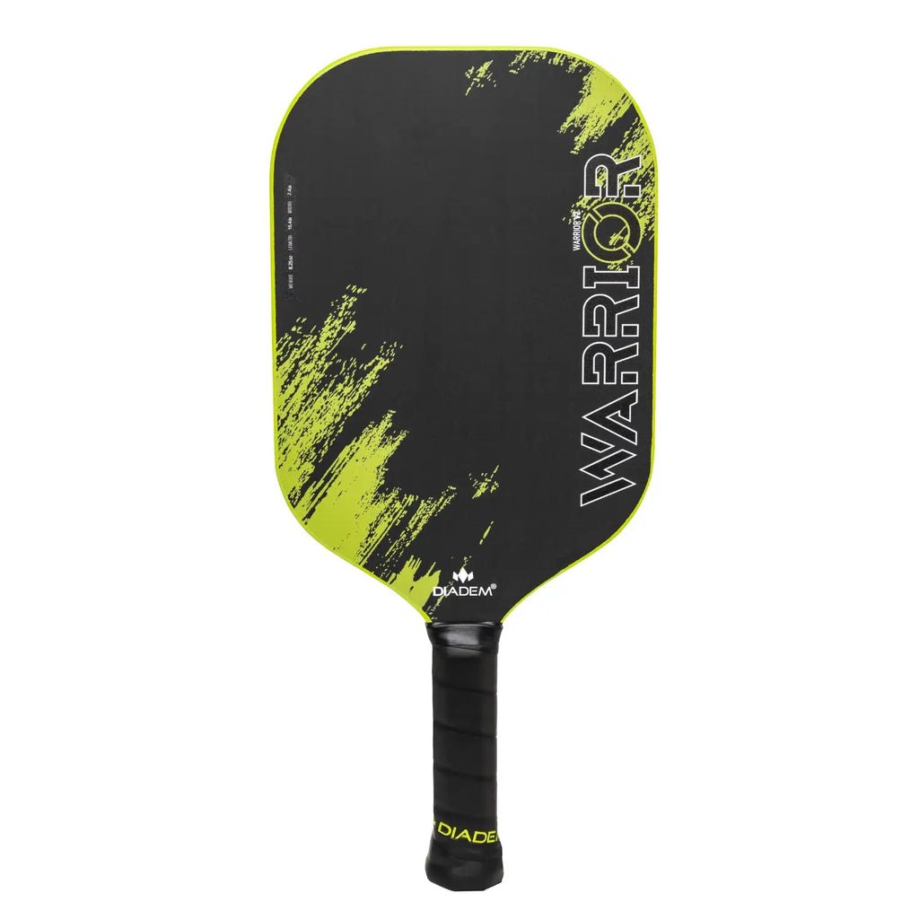 Diadum Warrior v2 pickleball Paddle, at iamBeachTennis.com online Boutique store.Professional rating, 19 mm, Poly Honeycomb core, carbon face with grit paint and medium high balance point, vertical ,face on profile.
