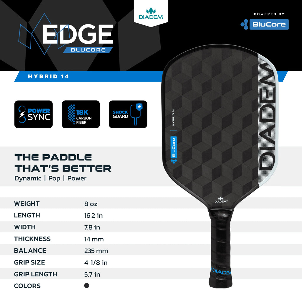Specifications of a Diadem Edge Blu Core Hybrid 14 mm Pickleball Paddle, available from IamRacketsports.com, online and in-store, Miami USA.
