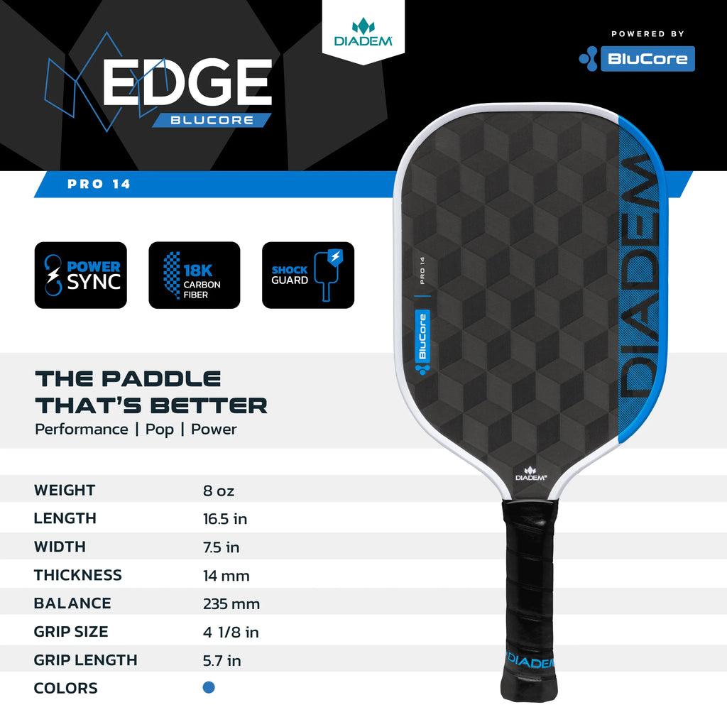 Info-graphic of the spefications of the  Diadem Edge Blu Core Pro 14 mm Pickleball Paddles, available from IamRacketsports.com, online and in-store, Miami USA.
