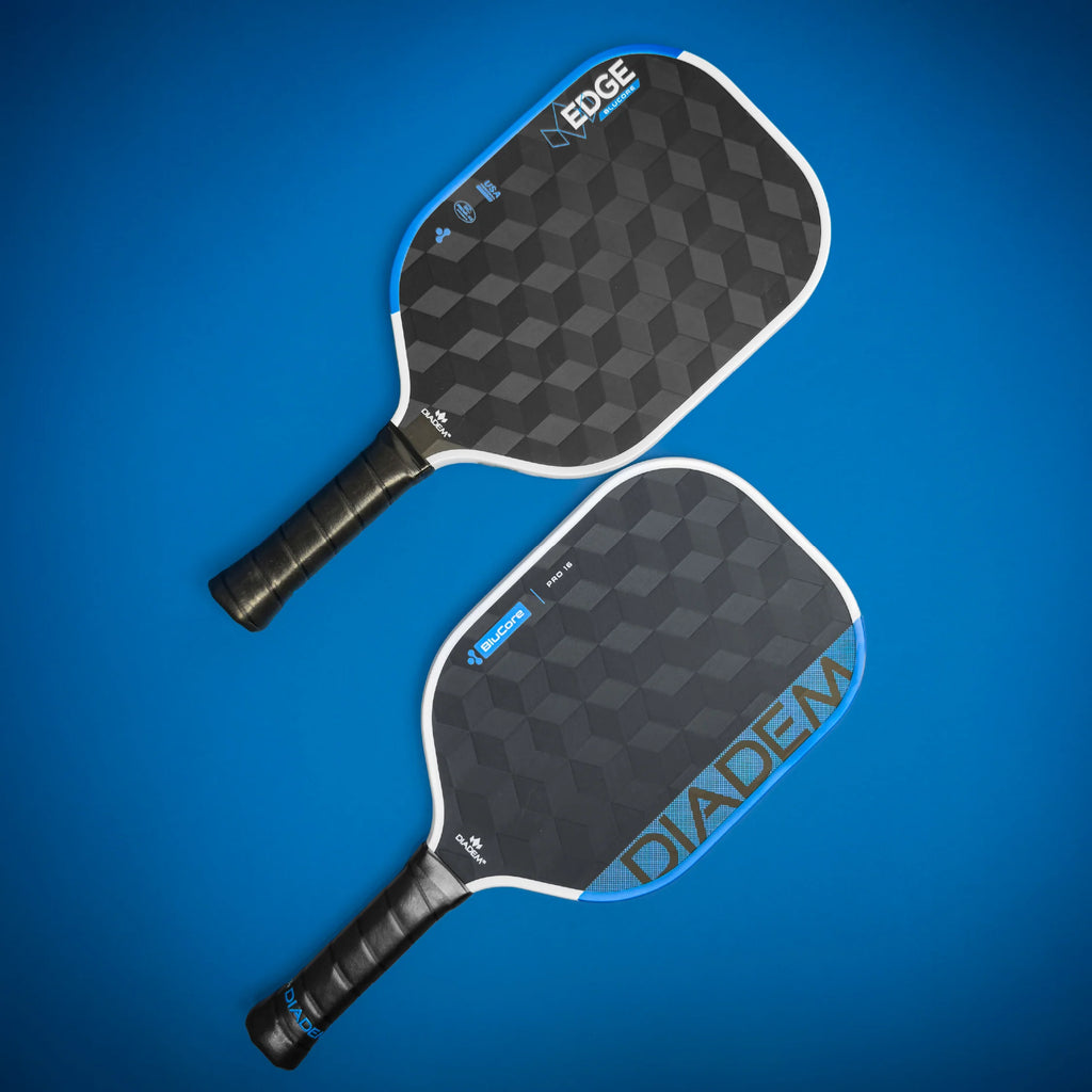 A pait of Diadem Edge Blu Core Pro 14 mm Pickleball Paddles, available from IamRacketsports.com, online and in-store, Miami USA.