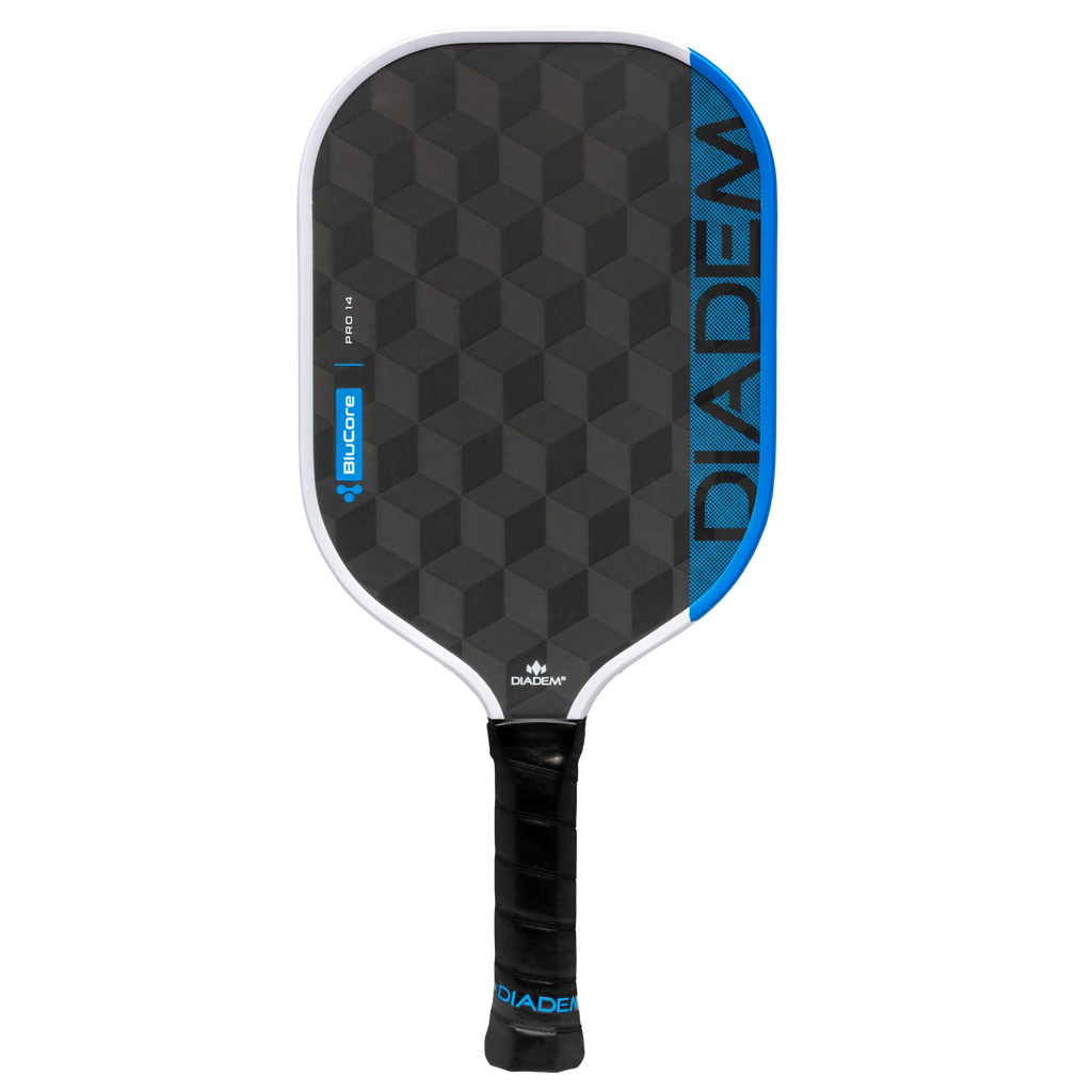 A Diadem Edge Blu Core Pro 14 mm Pickleball Paddle, available from IamRacketsports.com, online and in-store, Miami USA.
