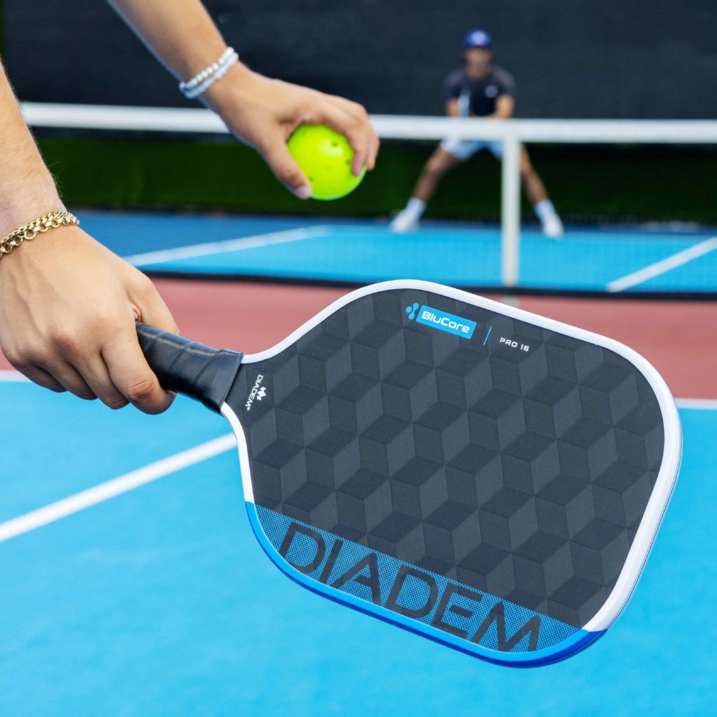 Aplayer using a Diadem Edge Blu Core Pro 16 mm Pickleball Paddle, available from IamRacketsports.com, online and in-store, Miami USA.