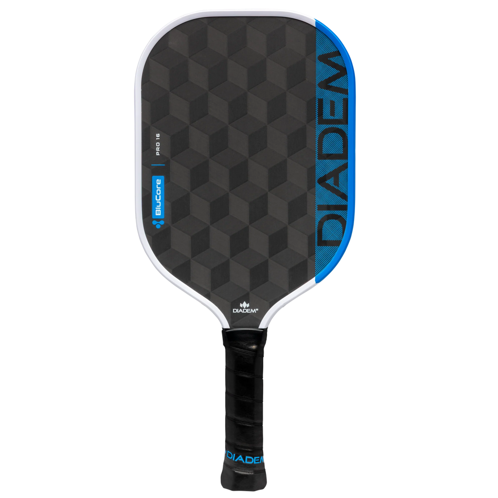 A Diadem Edge Blu Core Pro 16 mm Pickleball Paddle, available from IamRacketsports.com, online and in-store, Miami USA.