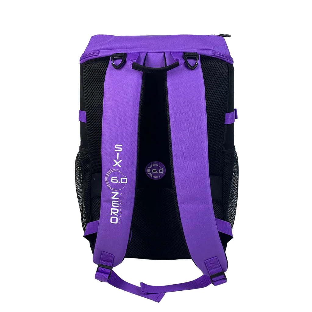 The back of an amethyt colored Six Zero Performance Backpack, available from iamRacketSports.com.