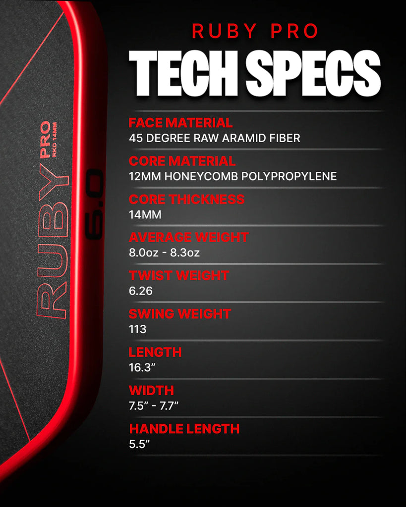 A info-graphic of the specifications of the Six Zero RUBY PRO 14mm PickleBall Paddle,  available from IamRacketsports.com, online and in-store, Miami USA, worldwide shipping.
