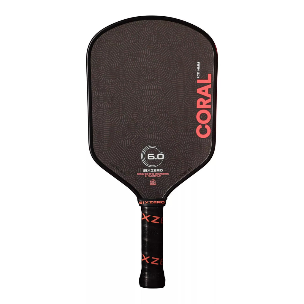 A Six Zero CORAL 16mm HYBRID Pickleball Paddle with black edge guard, available from Iam-pickleball.com, online and in-store, Miami USA, worldwide shipping.