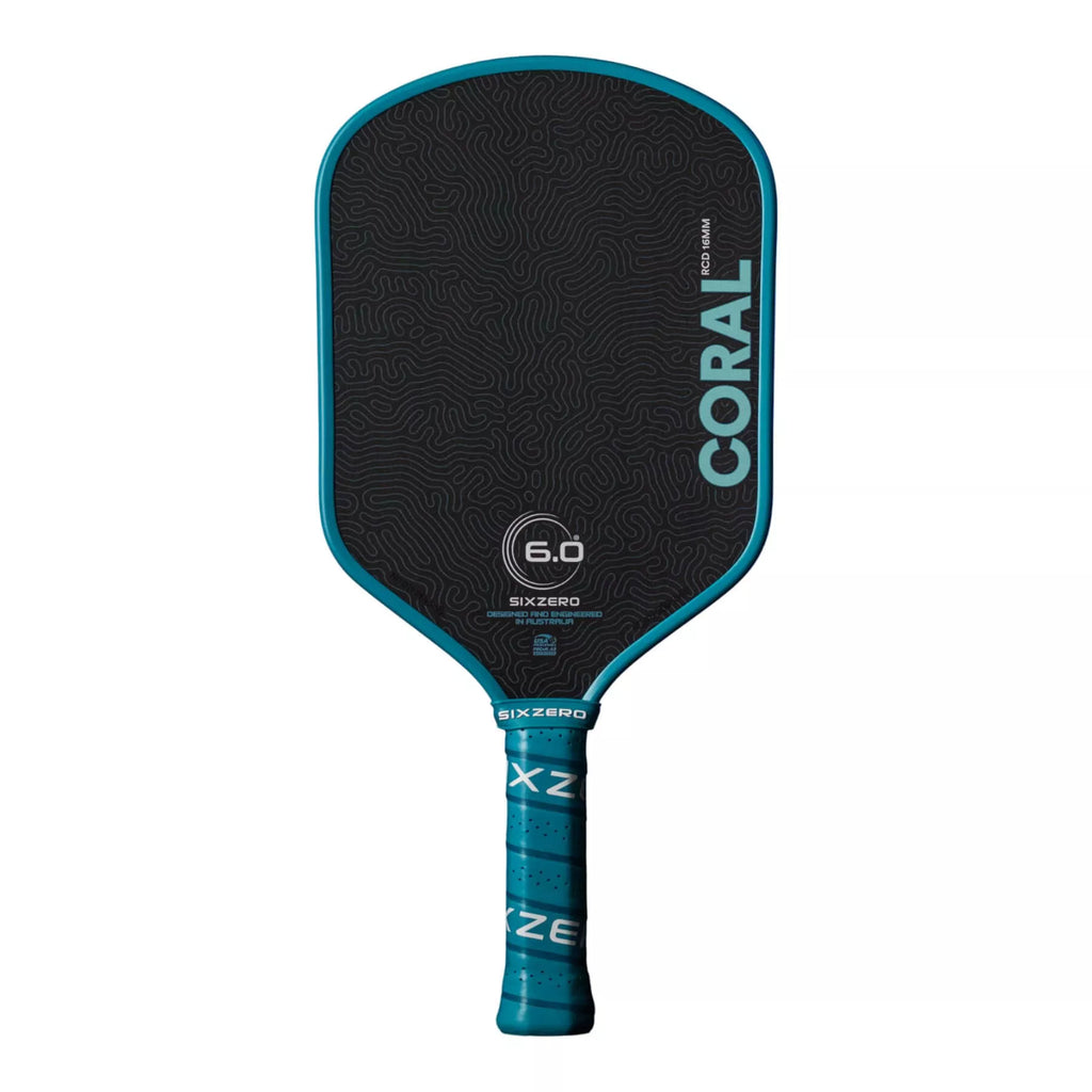 A Six Zero CORAL 16mm HYBRID Pickleball Paddle with blue edge guard, available from Iam-pickleball.com, online and in-store, Miami USA, worldwide shipping.