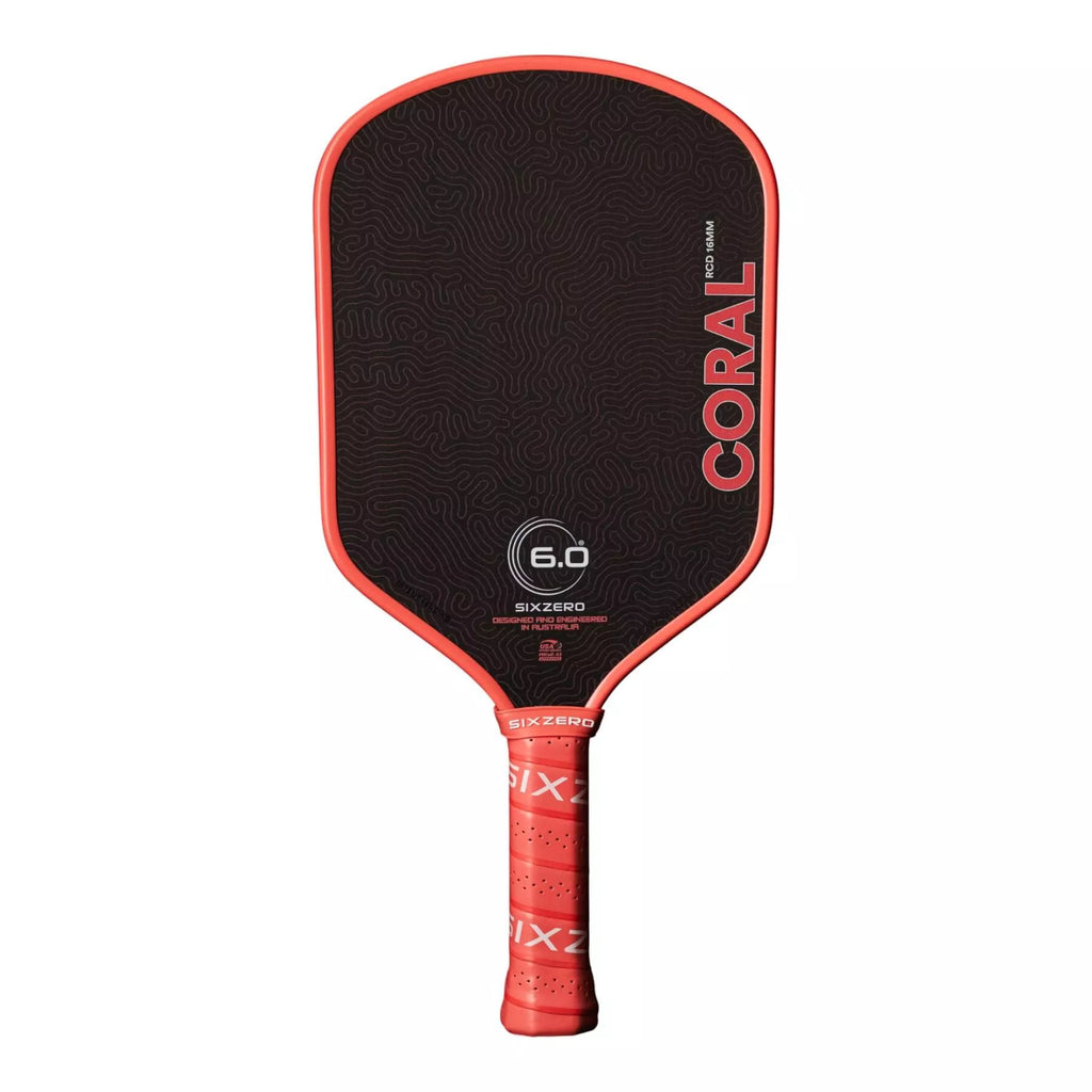 A Six Zero CORAL 16mm HYBRID Pickleball Paddle with pink edge guard, available from Iam-pickleball.com, online and in-store, Miami USA, worldwide shipping.
