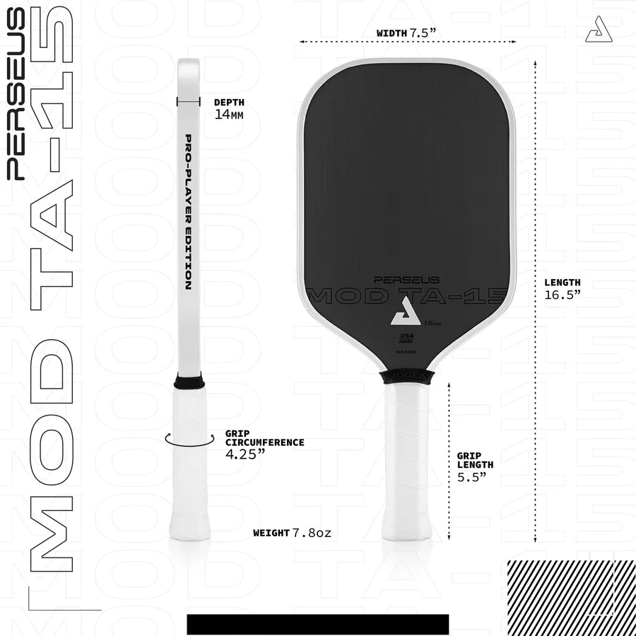 Inforgraphic of features of  JOOLA 2024 PERSEUS 14MM MOD TA-15  PRO PLAYER EDITION  Pickleball Paddle. Purchase from "iamRacketSports.com".