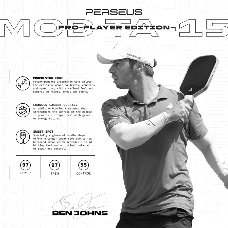 Inforgraphic of features of  JOOLA 2024 PERSEUS 14MM MOD TA-15  PRO PLAYER EDITION  Pickleball Paddle. Purchase from "iamRacketSports.com".