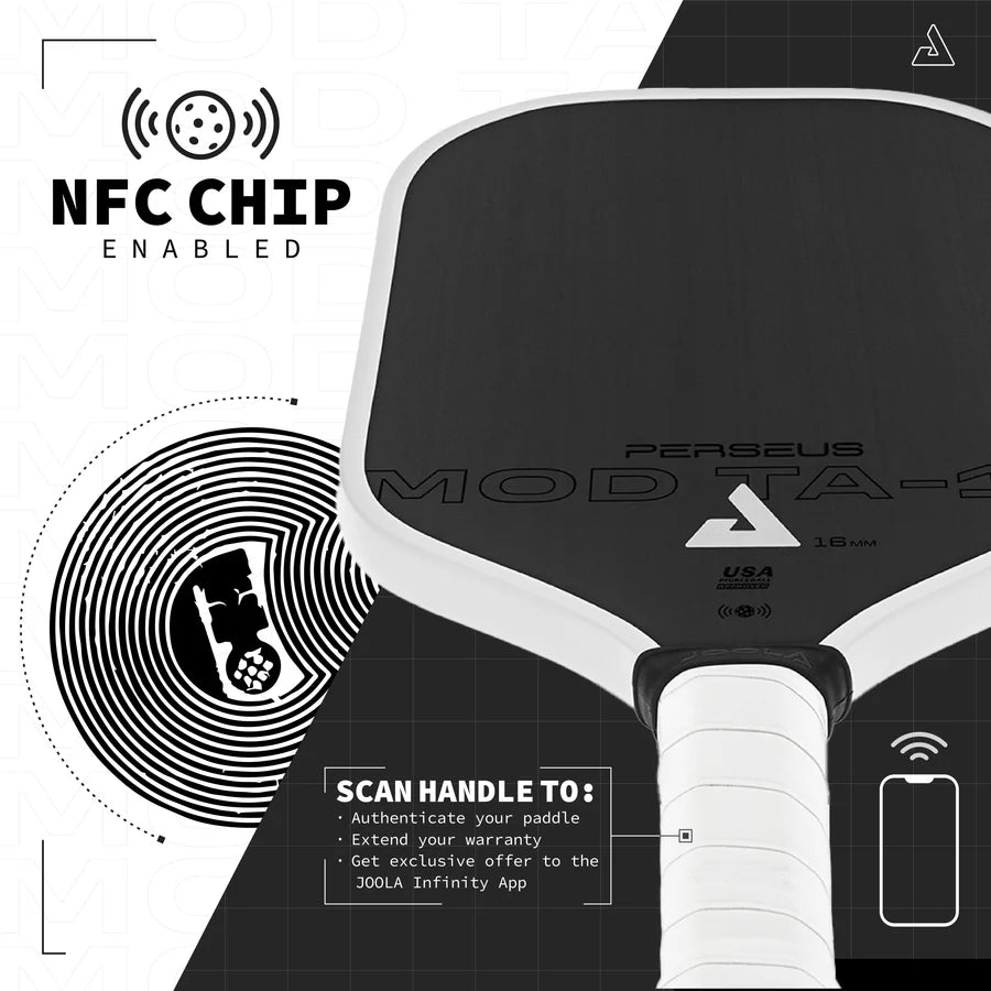 Inforgraphic of technologys of the JOOLA 2024 PERSEUS 14MM MOD TA-15  PRO PLAYER EDITION  Pickleball Paddle. Purchase from "iamRacketSports.com".