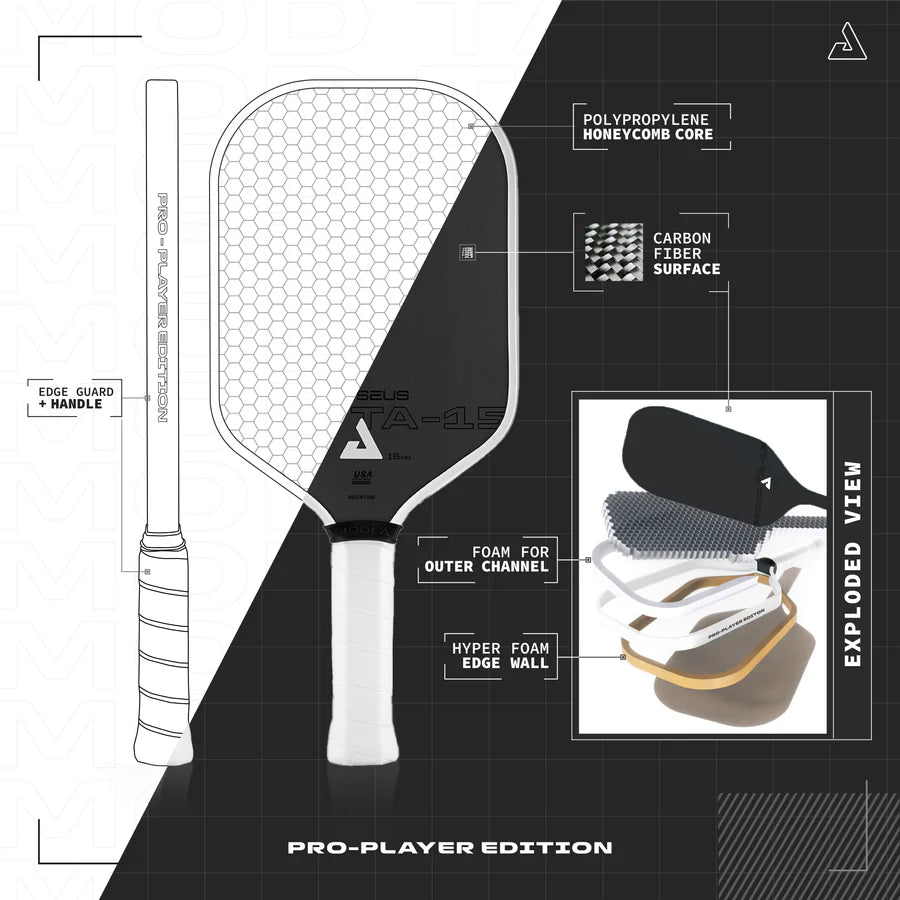 Inforgraphic of technologys of the JOOLA 2024 PERSEUS 14MM MOD TA-15  PRO PLAYER EDITION  Pickleball Paddle. Purchase from "iamRacketSports.com".