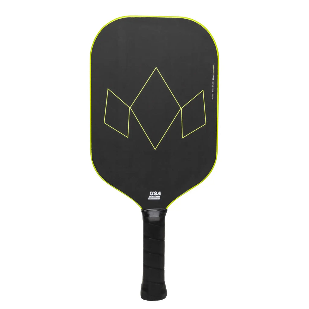 Diadum Warrior v2 pickleball Paddle, at iamBeachTennis.com online Boutique store.Professional rating, 19 mm, Poly Honeycomb core, carbon face with grit paint and medium high balance point, vertical face on profile.