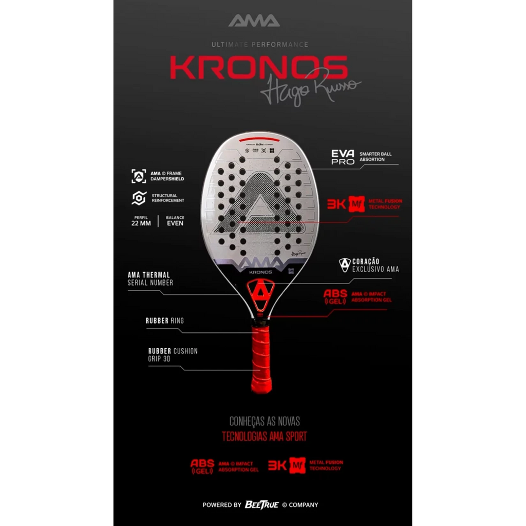 Infographic of technologies of a AMA Sport KRONES 2025 Hugo Russo Beach Tennis Racket. Shop Heroes brand at iamBeachTennis.com.