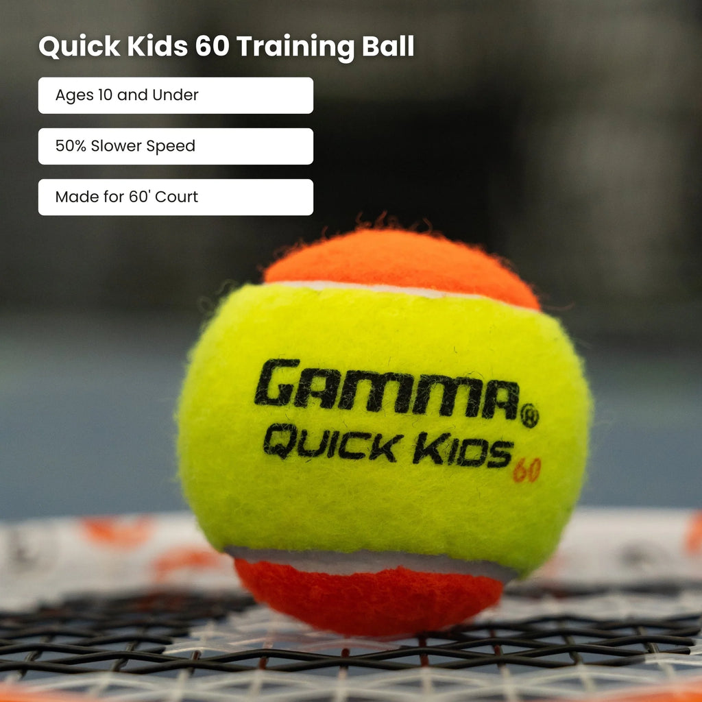 Inforgraphic of the specfications 
Gamma Quick Kids Stage 2 Tennis/Beach Tennis Ball.
Shop at "iamBeachTennis.com" for beach Tennis Accessories.