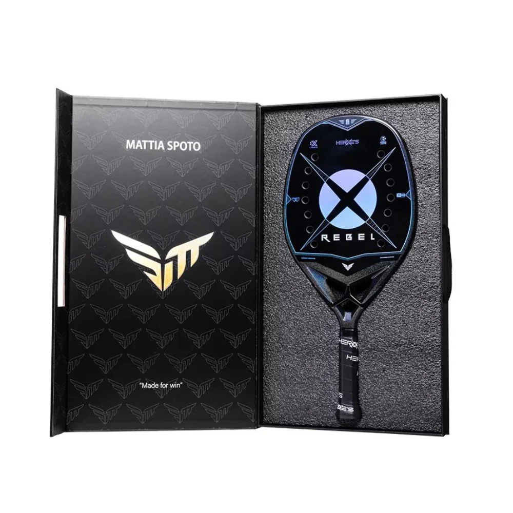 Packaging of a Heroe's REBEL 2024 Beach Tennis Racket,
available from iamRacketSports.com.