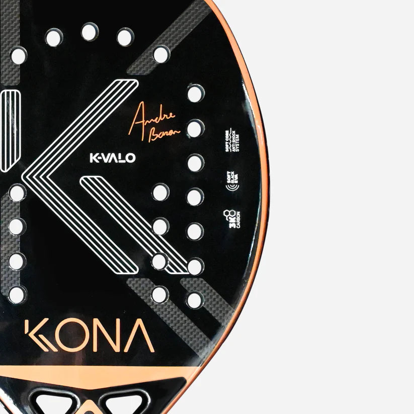The racket face of a Kona K-VALO 2025 LTD EDITION André Baran Beach Tennis Racket with Treatment, available from 
IamBeachTennis.com, online and in-store, Miami USA.