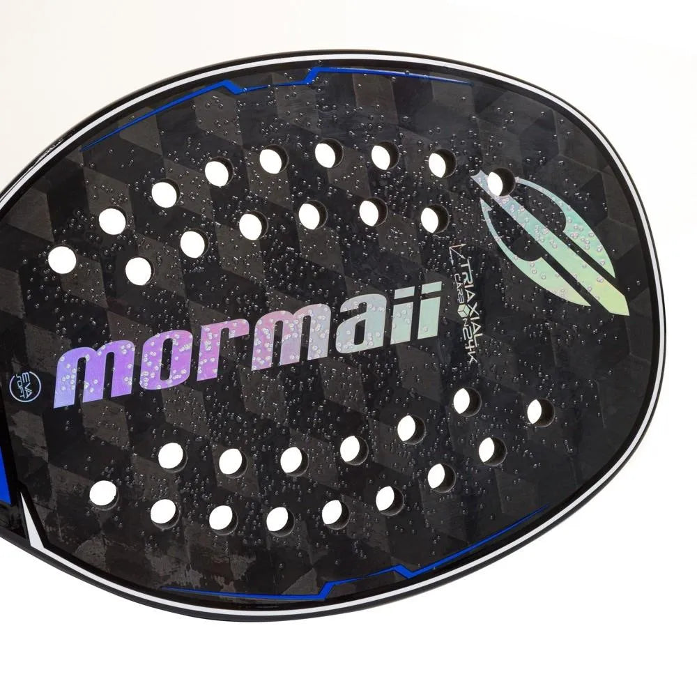 The paddle face of a Mormaii TRIAX CONCEPT 2024 Professional Beach Tennis Paddle,
available from at iamBeachTennis.com.