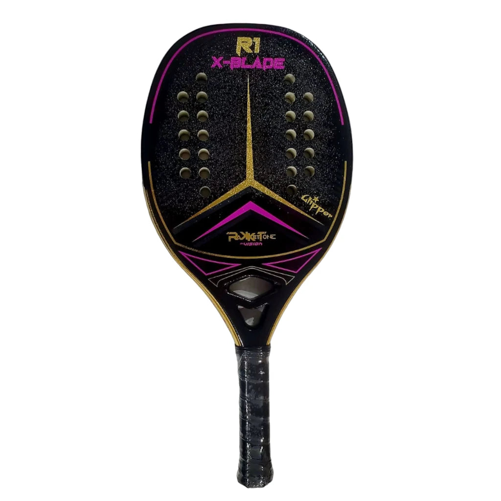 Shop Rakkettone Beach Tennis Rackets, Paddles, Balls and Accessories at iambeachtennis worldwide miami based boutique depot store - Racket model shown is a 2023 Rakkettone X-BLADE professional and advanced Beach Tennis Racket. Raquete is vertical and with Glipper treatment.